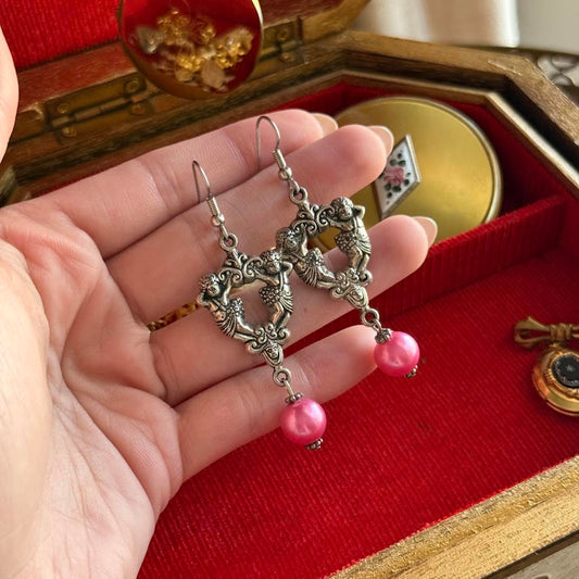 Vintage Silver Tone Cherub Dangle Earrings