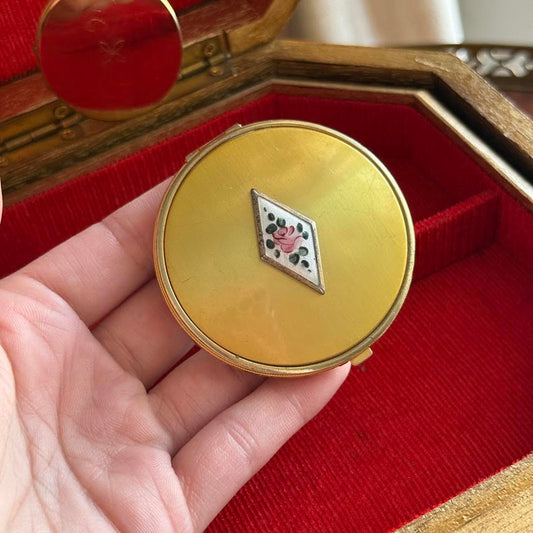 Vintage Round Compact Floral Guilloche Enamel Vanity Powder Compact Mirror