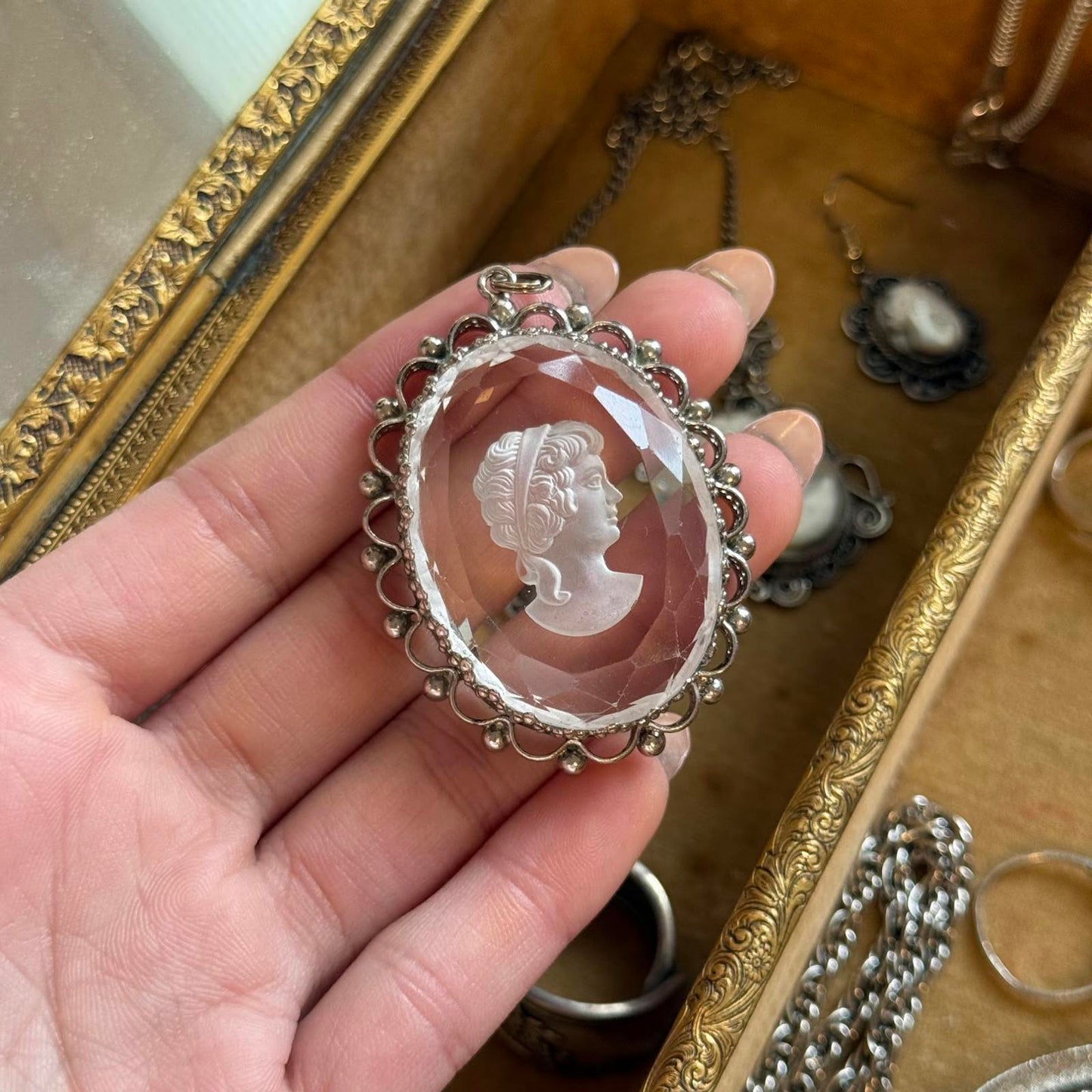 Vintage Reversed Carved Glass Cameo Pendant
