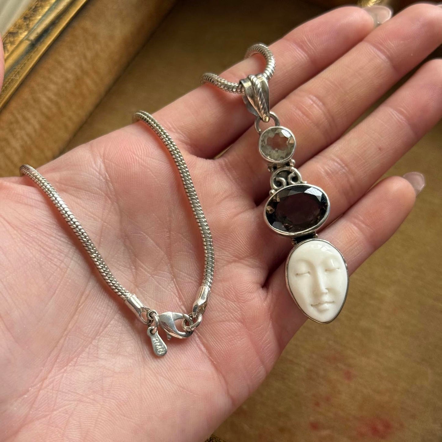 Sterling Silver Carved Shell Face Pendant Necklace