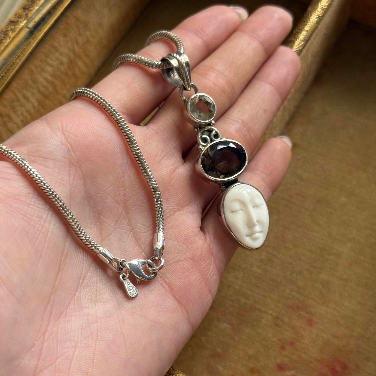 Sterling Silver Carved Shell Face Pendant Necklace