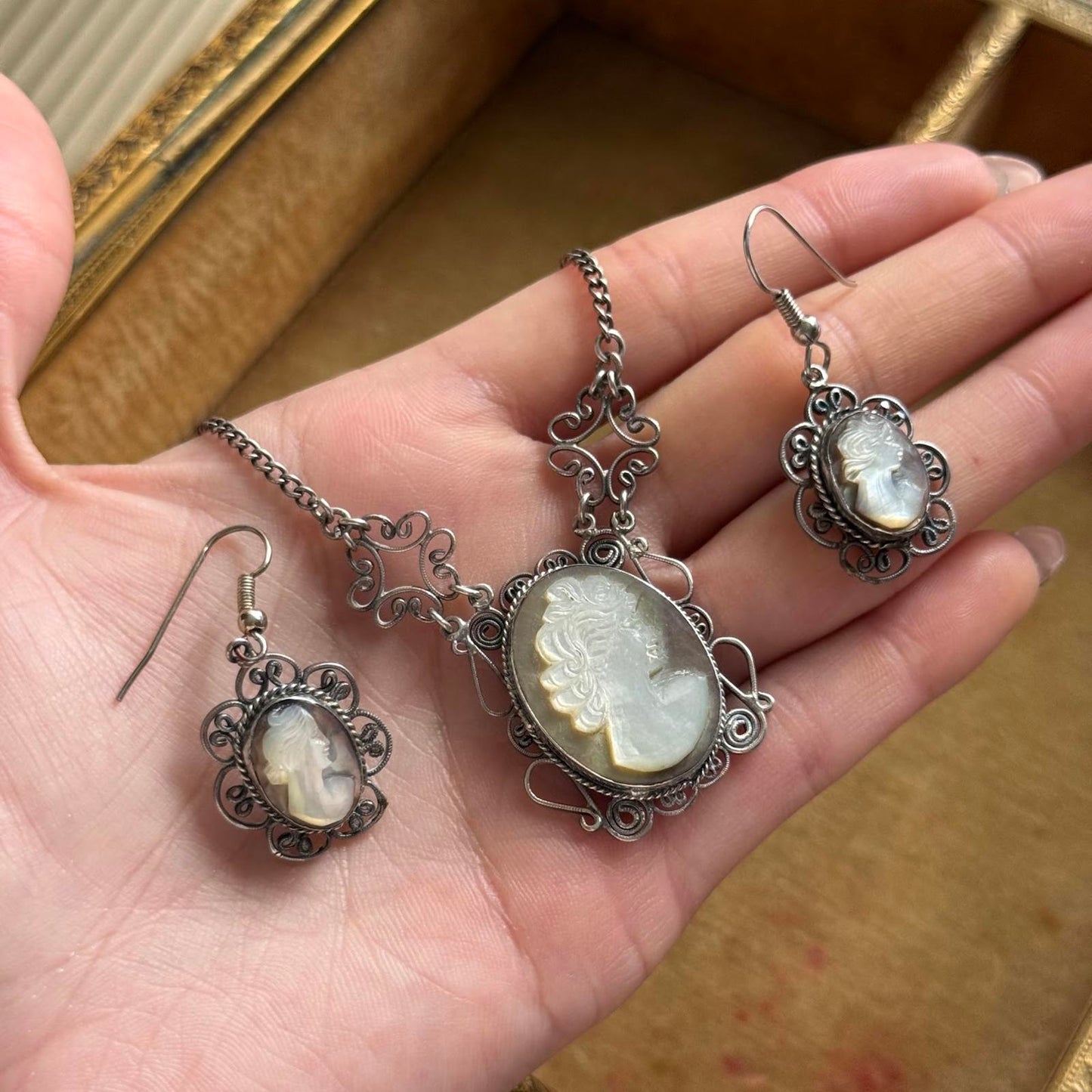 Vintage Hand Carved Cameo Necklace Filigree Victorian Revival Set