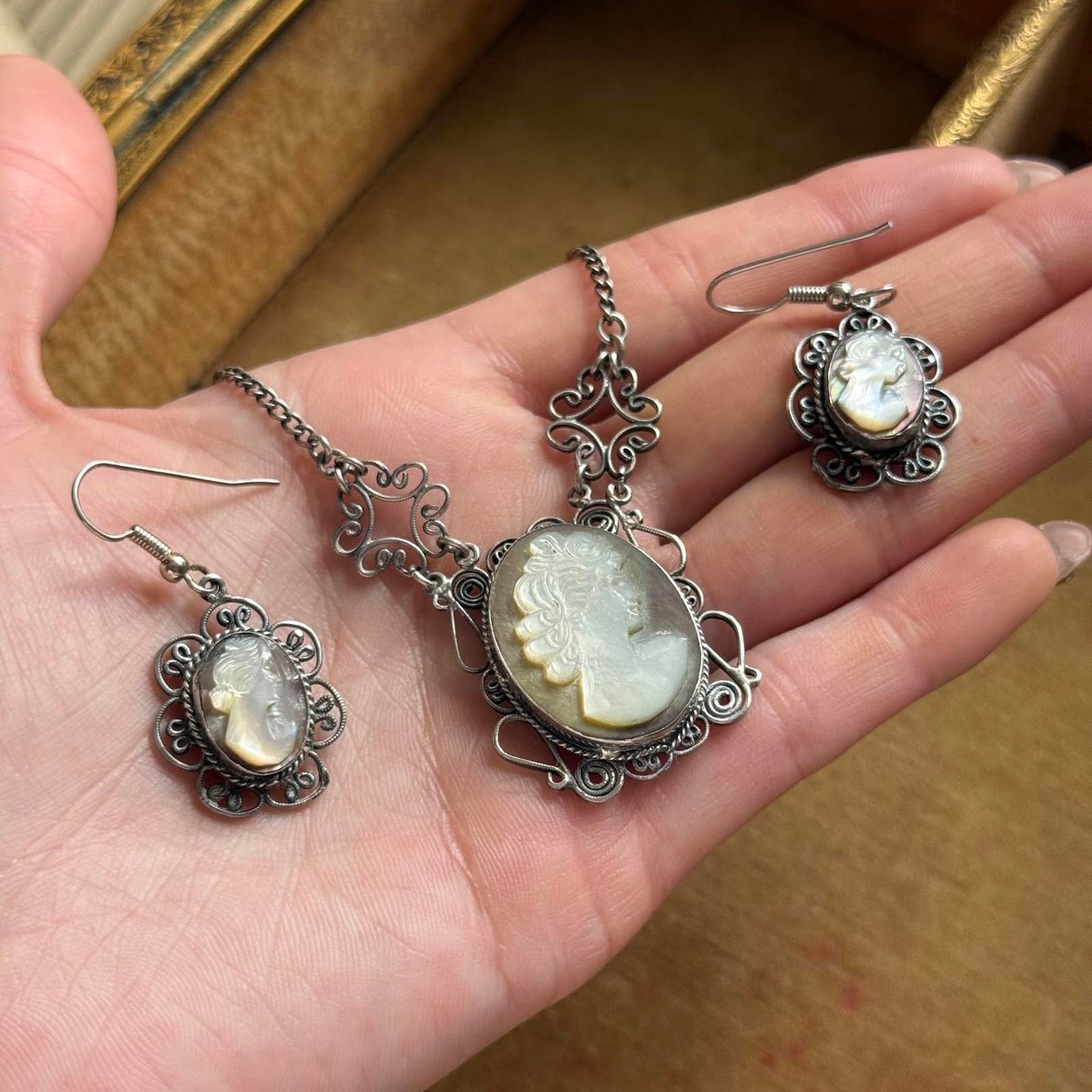 Vintage Hand Carved Cameo Necklace Filigree Victorian Revival Set