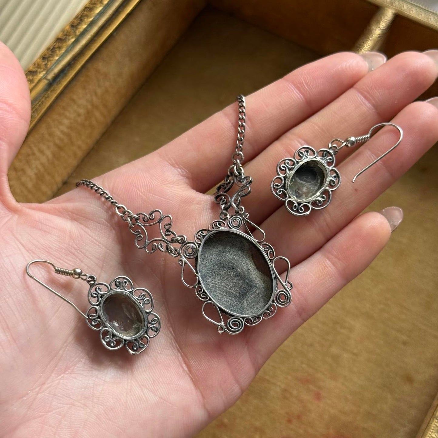 Vintage Hand Carved Cameo Necklace Filigree Victorian Revival Set