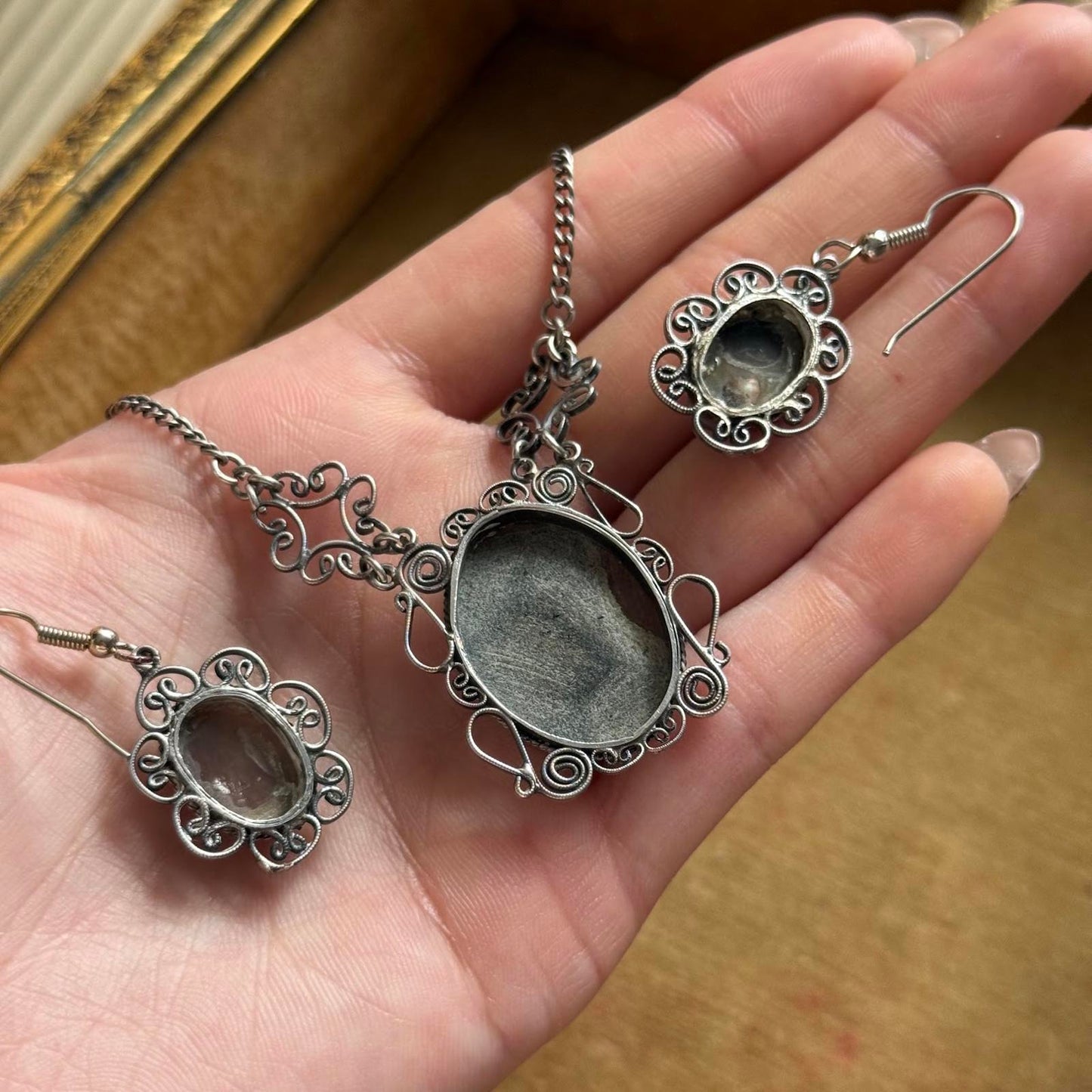 Vintage Hand Carved Cameo Necklace Filigree Victorian Revival Set