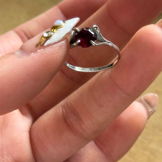 Vintage Art Decor style Red glass rhinestone Sterling Ring