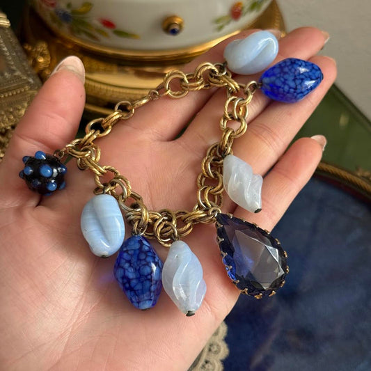 Vintage Charm Bracelet gold chain with blue glass charms