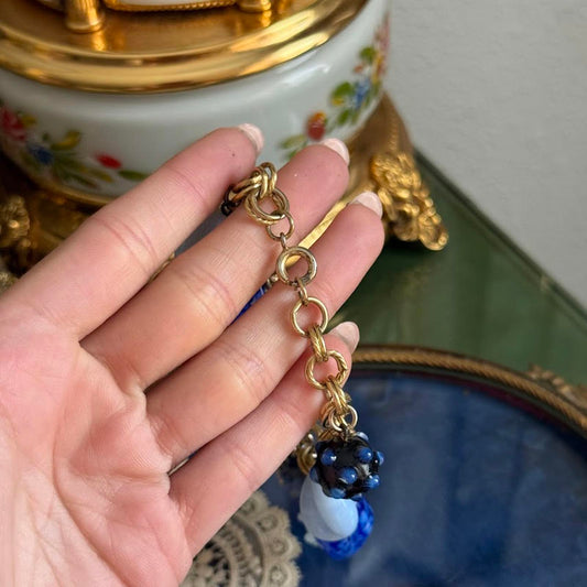 Vintage Charm Bracelet gold chain with blue glass charms