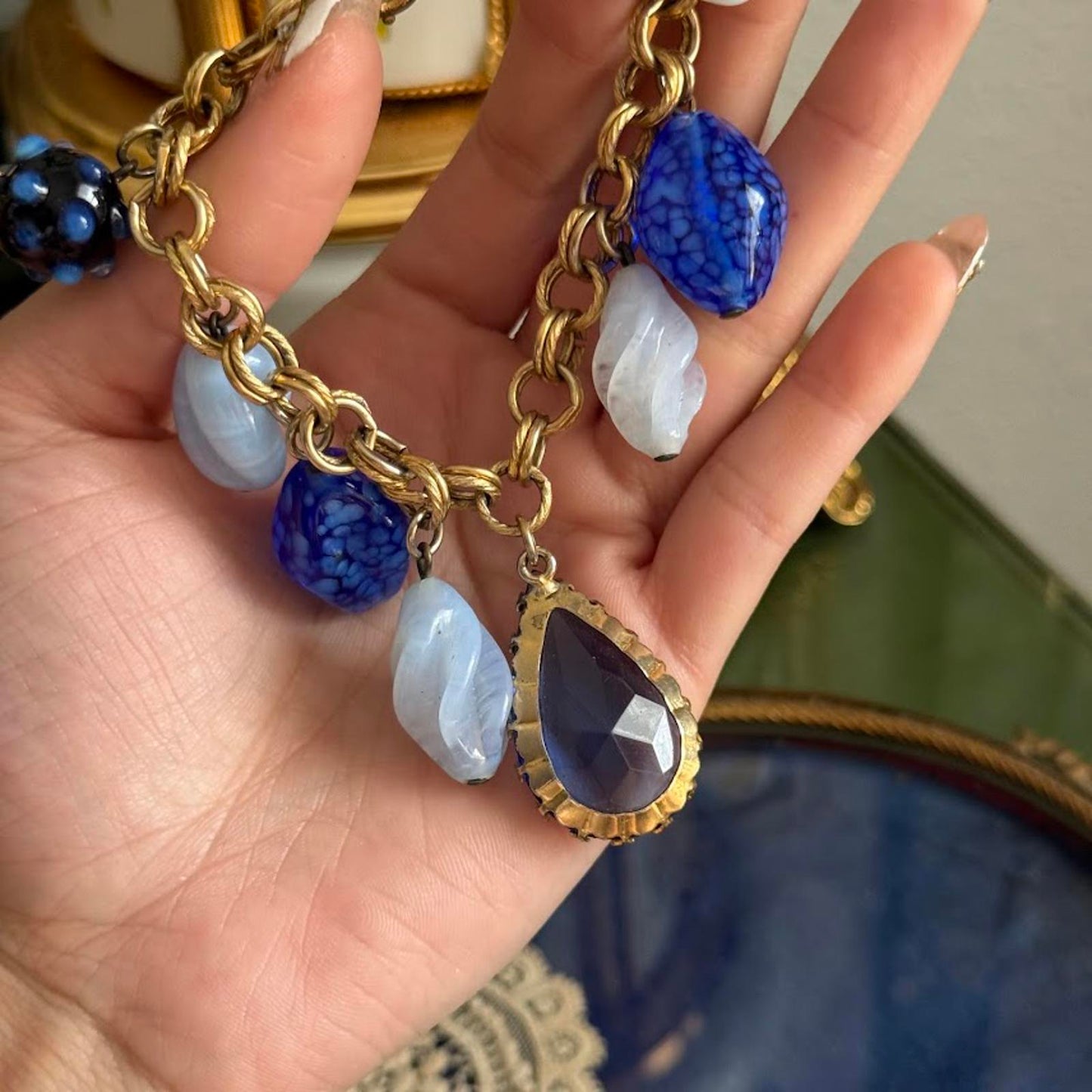 Vintage Charm Bracelet gold chain with blue glass charms