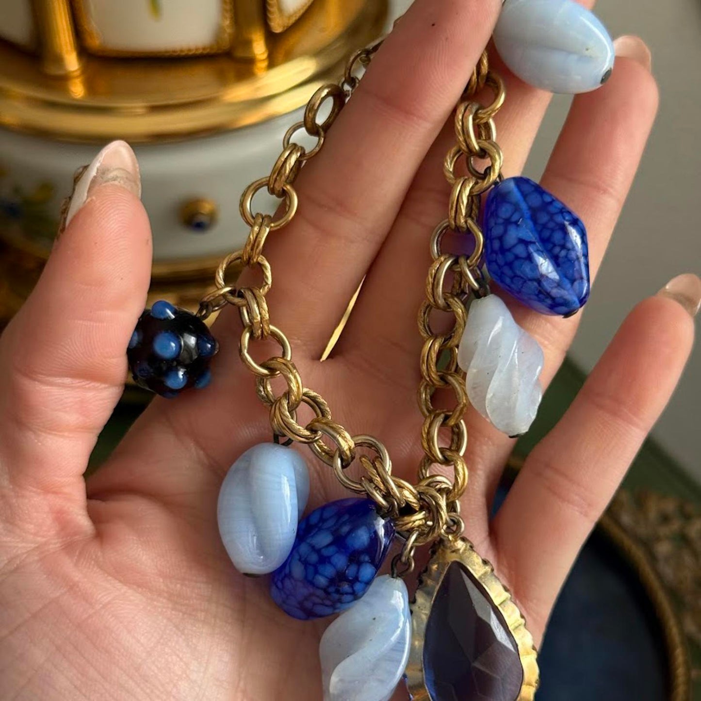 Vintage Charm Bracelet gold chain with blue glass charms