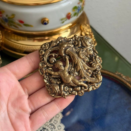 Vintage ornate brass Metal Cherub brooch Rococo revival style