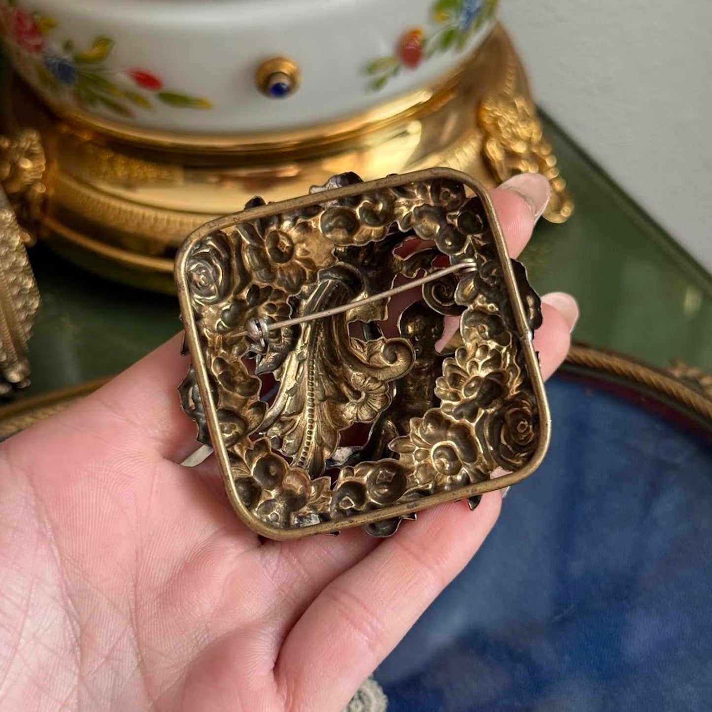 Vintage ornate brass Metal Cherub brooch Rococo revival style