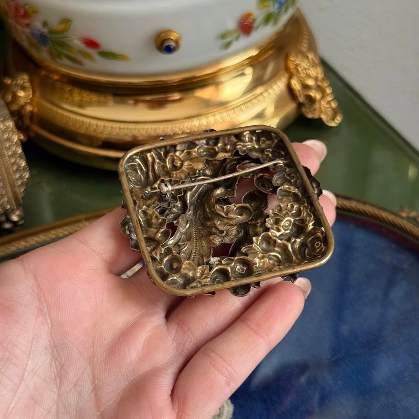 Vintage ornate brass Metal Cherub brooch Rococo revival style