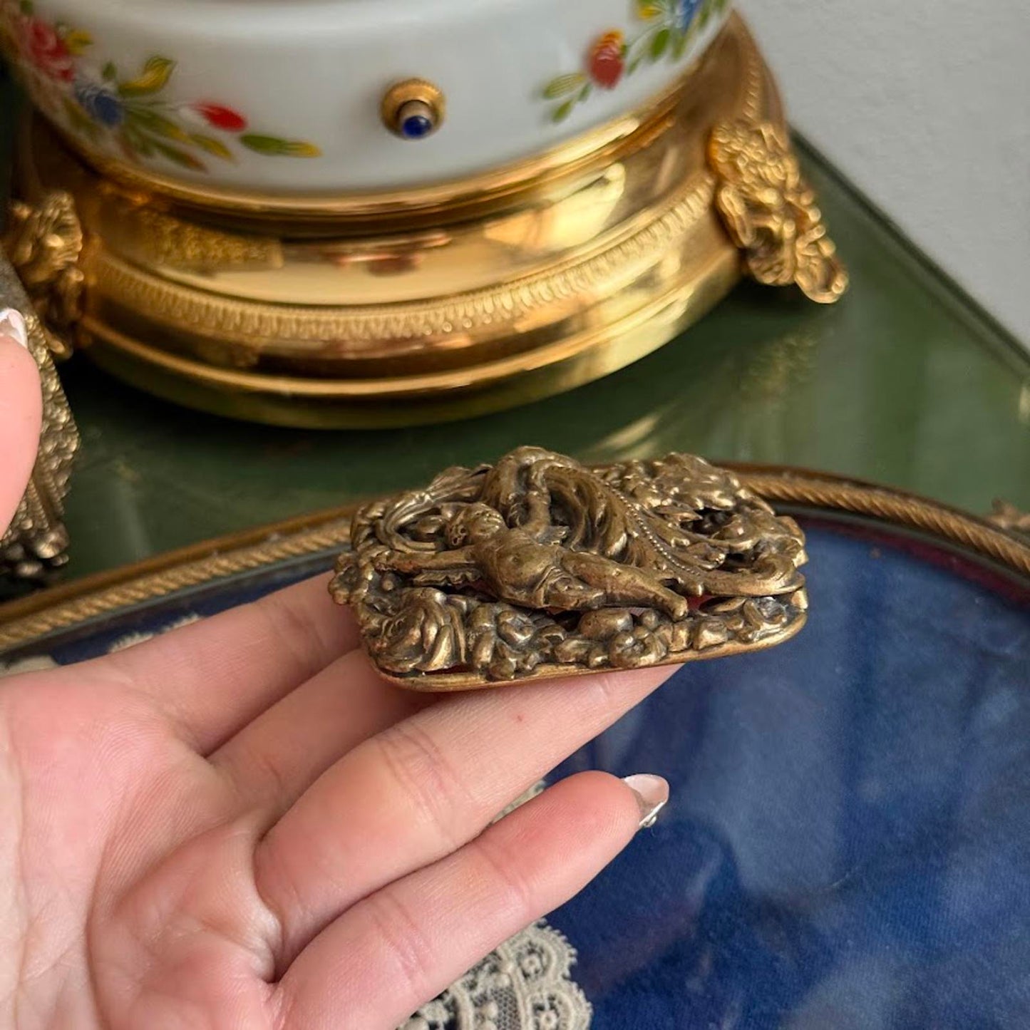 Vintage ornate brass Metal Cherub brooch Rococo revival style