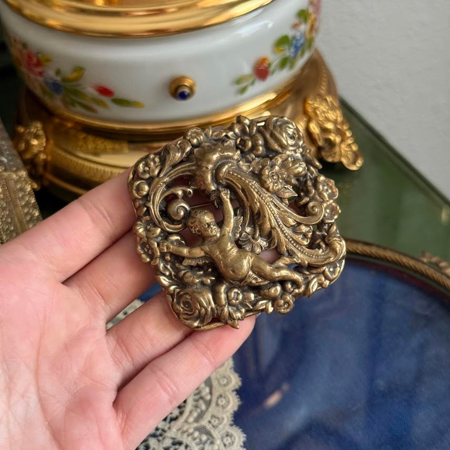 Vintage ornate brass Metal Cherub brooch Rococo revival style