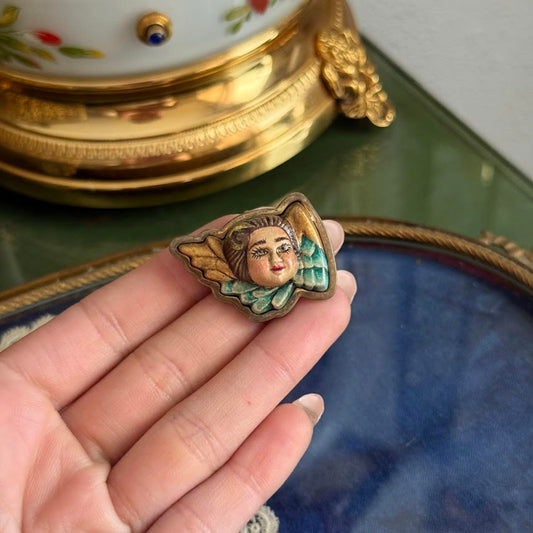 Vintage Hand Painted Angel Cherub Brooch Pendant