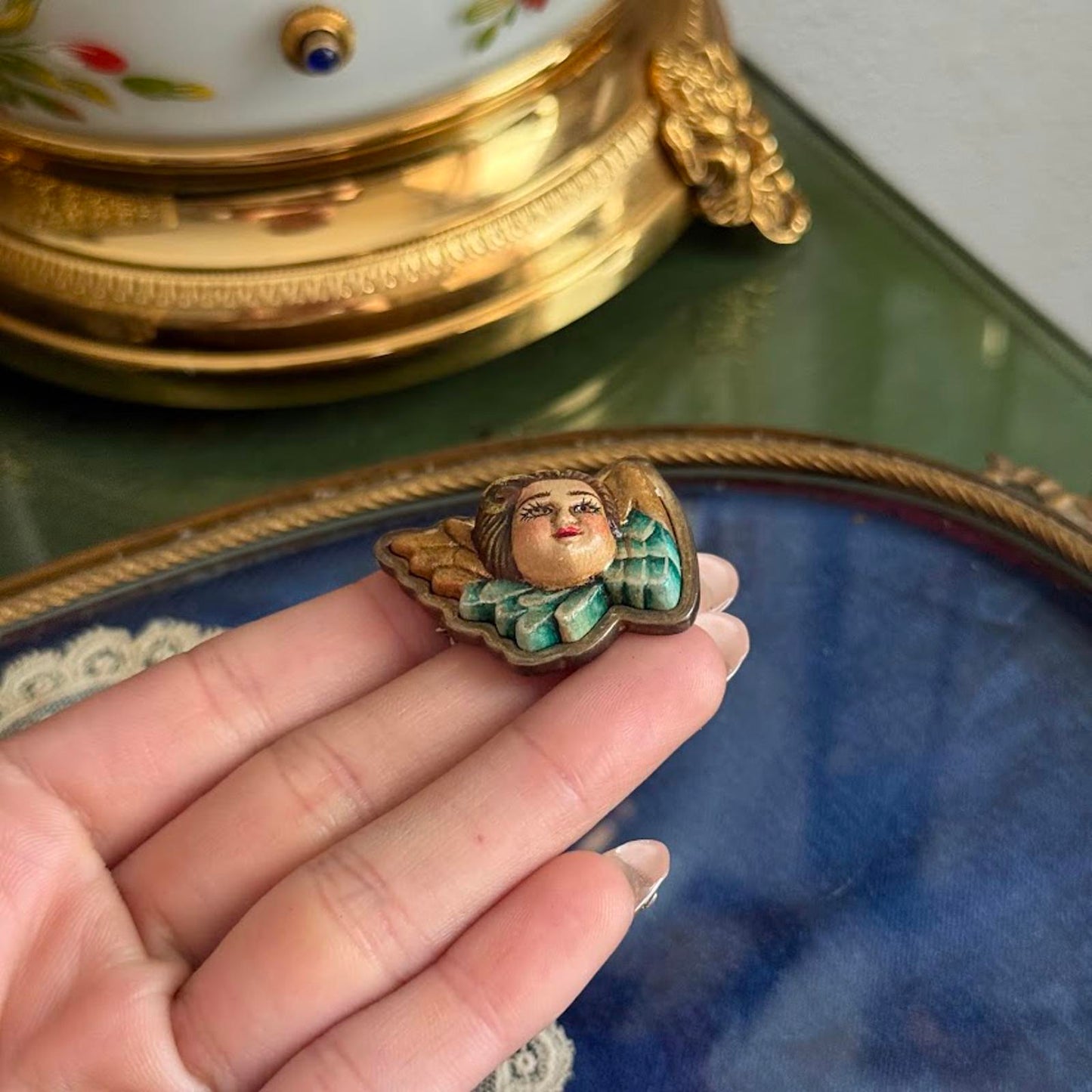 Vintage Hand Painted Angel Cherub Brooch Pendant
