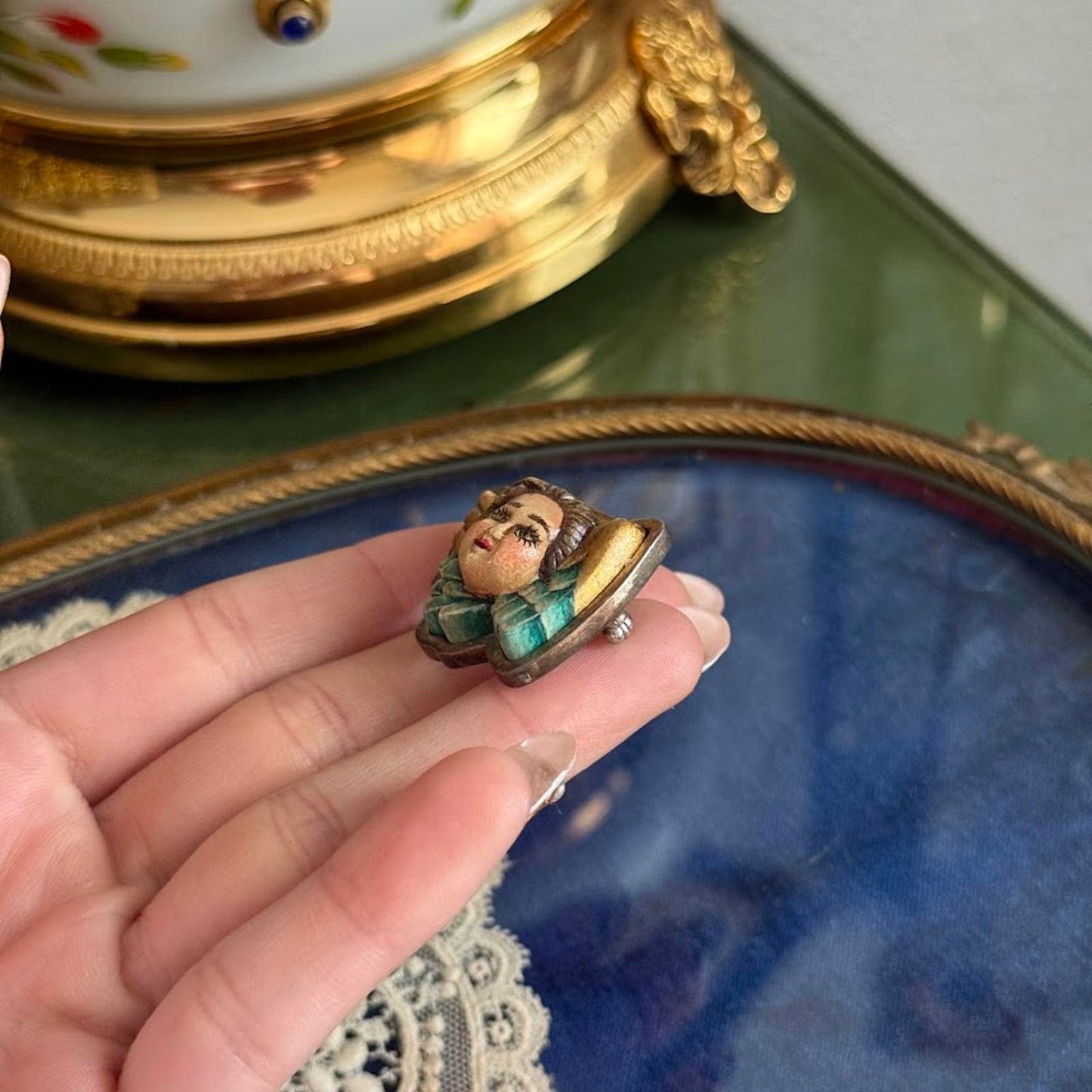 Vintage Hand Painted Angel Cherub Brooch Pendant