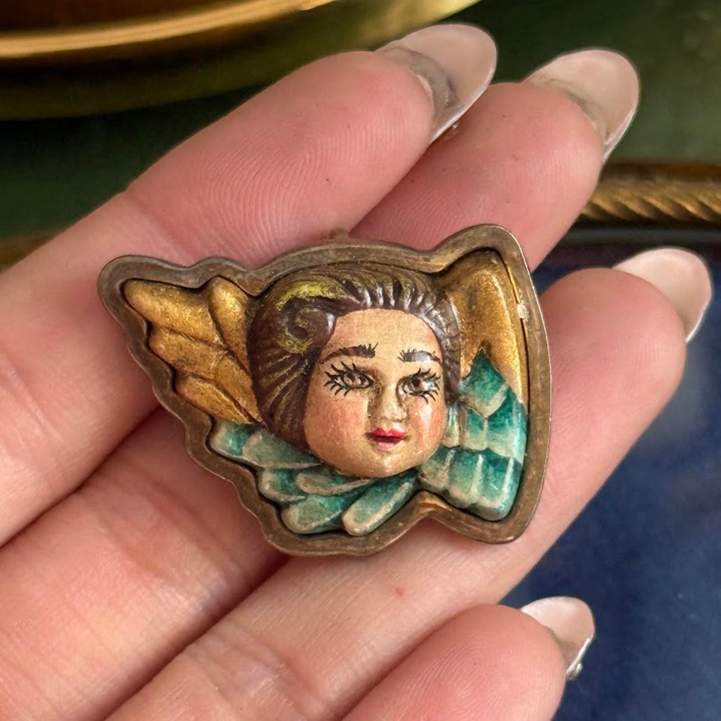 Vintage Hand Painted Angel Cherub Brooch Pendant