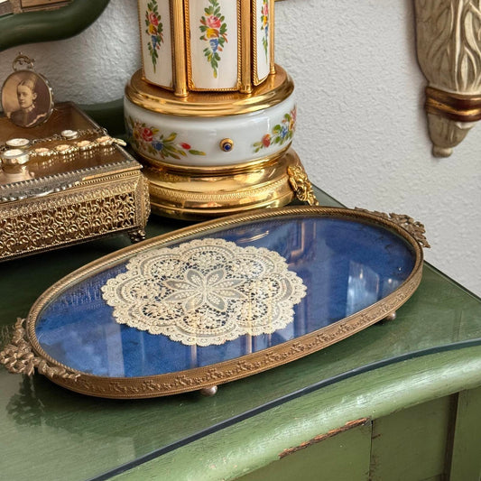 Vintage Brass Antique Royal Blue velvet & Lace Footed Oval Dresser vanity Tray