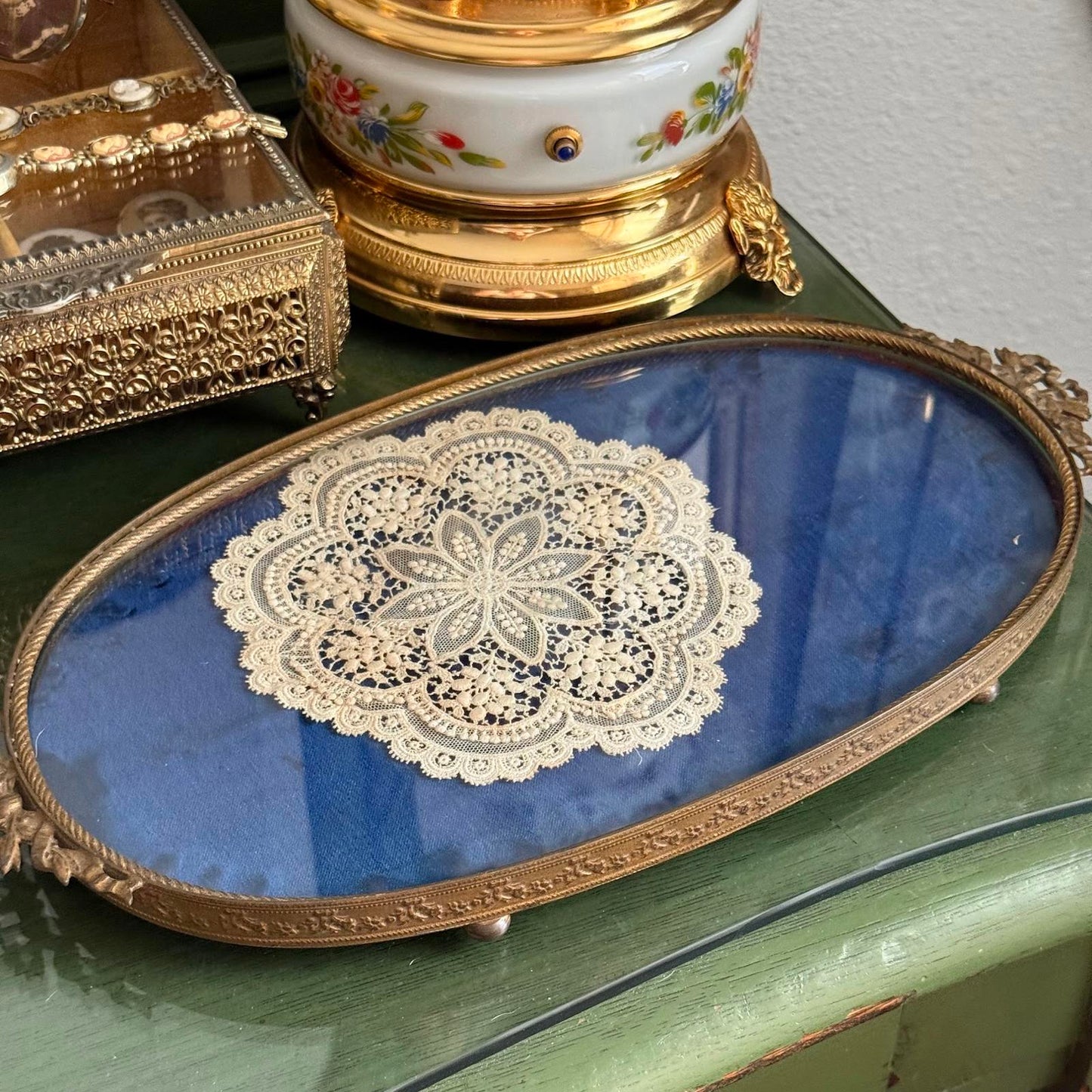 Vintage Brass Antique Royal Blue velvet & Lace Footed Oval Dresser vanity Tray