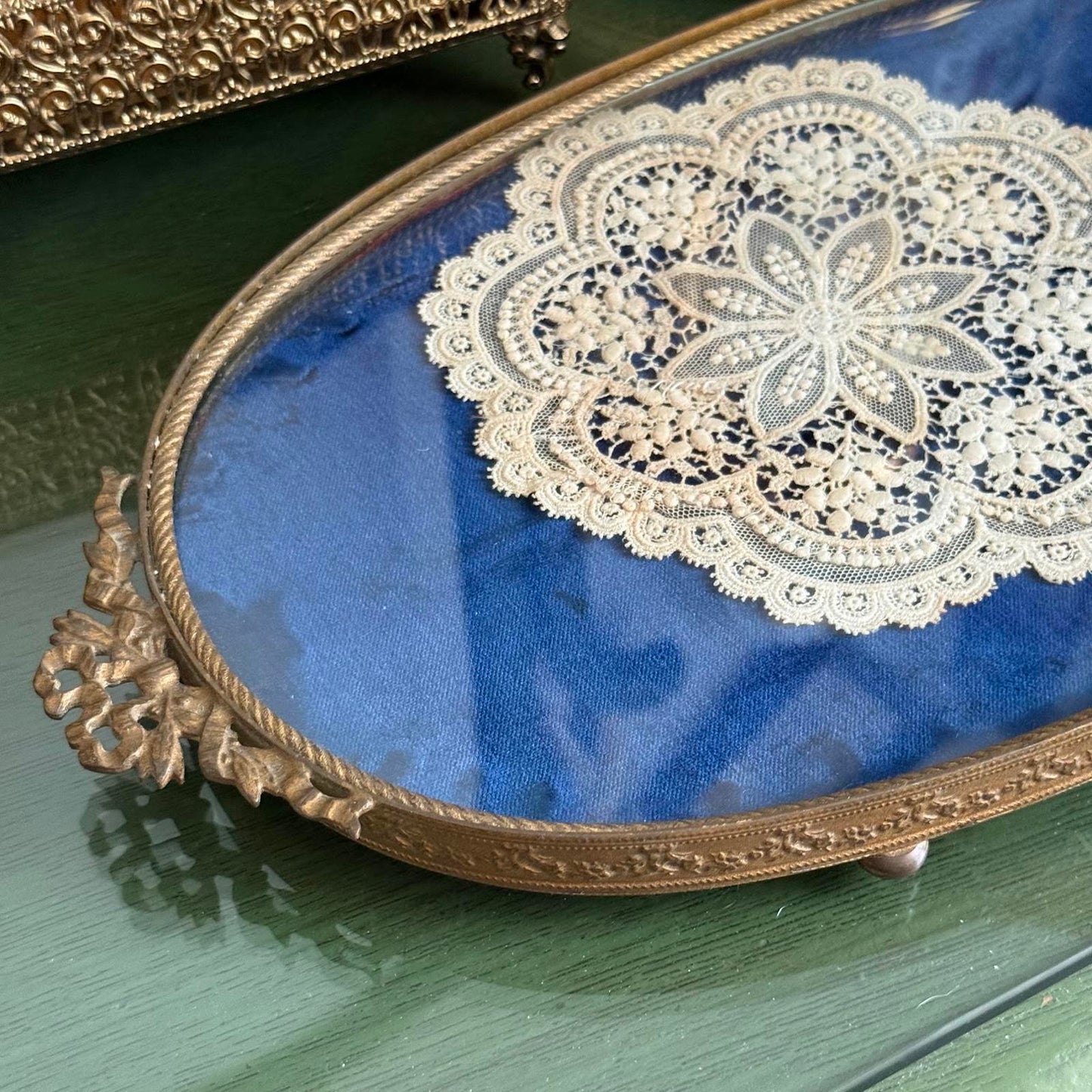 Vintage Brass Antique Royal Blue velvet & Lace Footed Oval Dresser vanity Tray