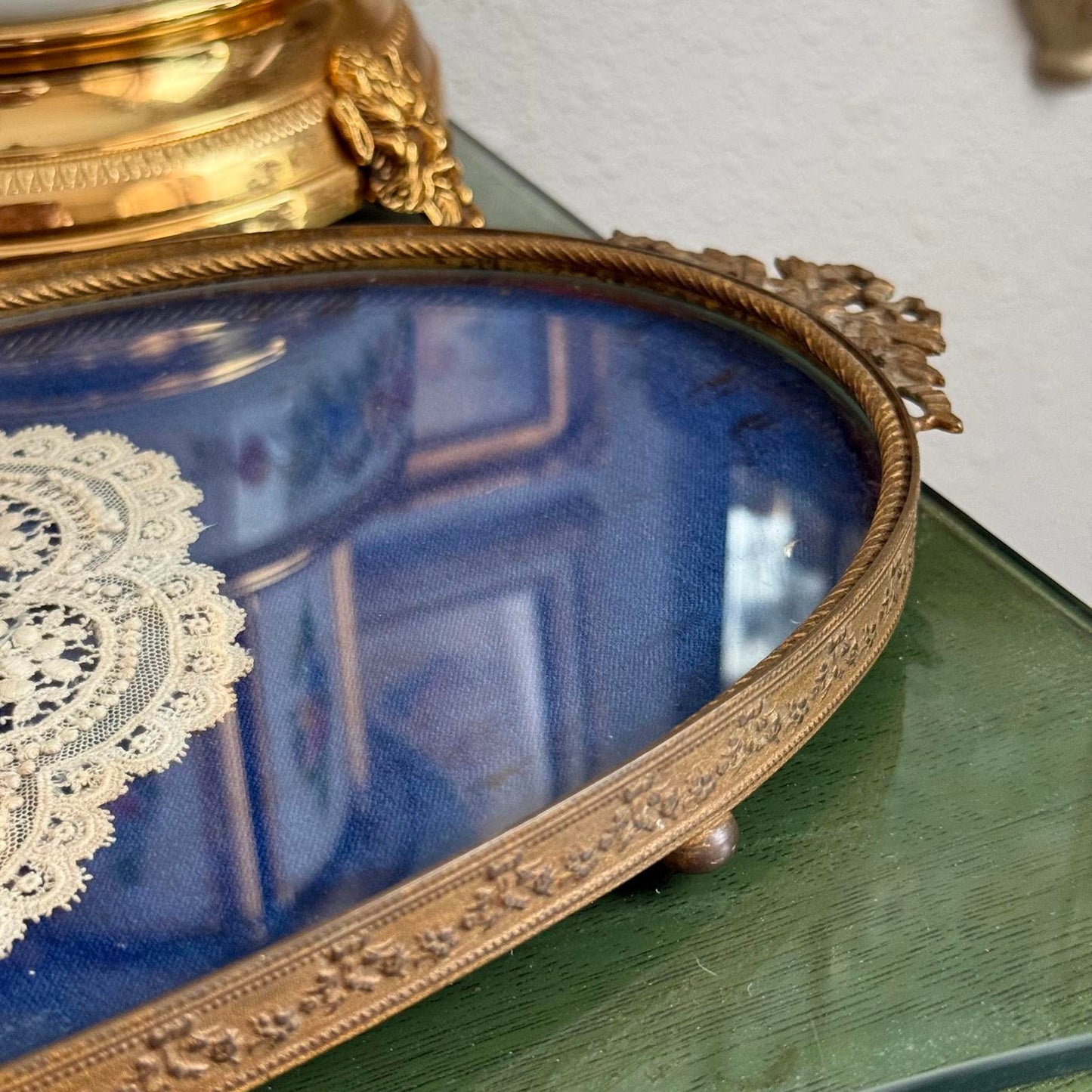 Vintage Brass Antique Royal Blue velvet & Lace Footed Oval Dresser vanity Tray