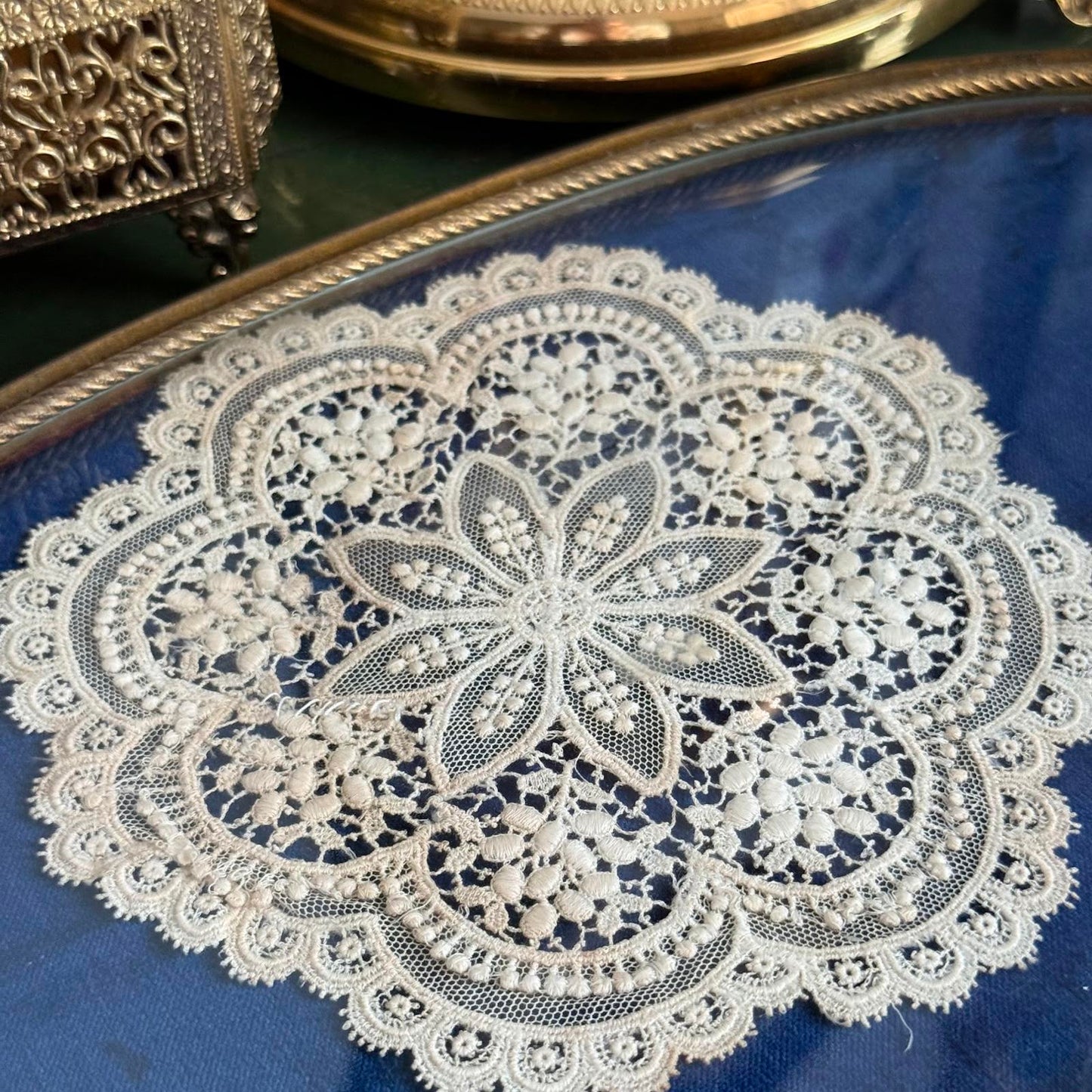 Vintage Brass Antique Royal Blue velvet & Lace Footed Oval Dresser vanity Tray