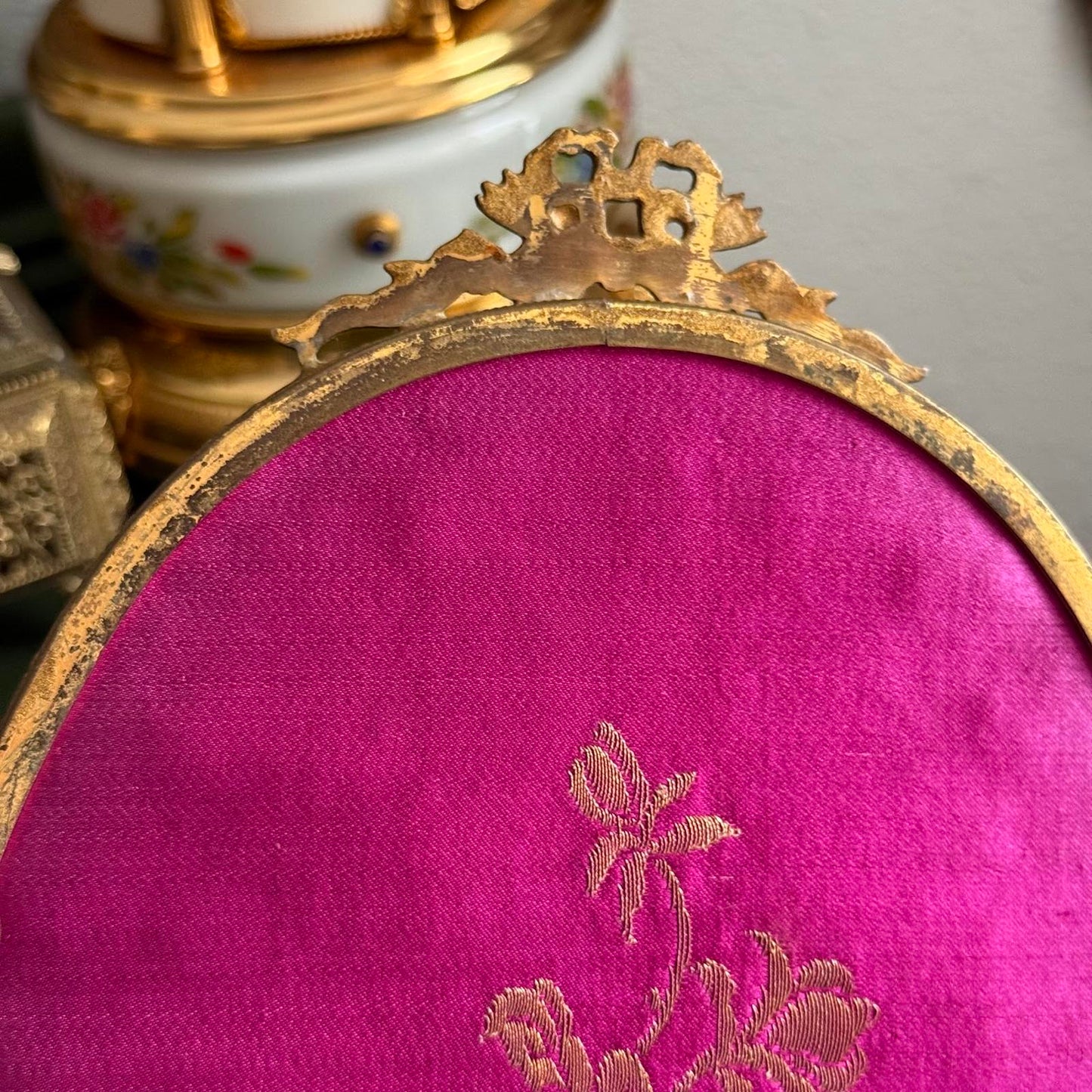 Vintage Brass Antique Royal Blue velvet & Lace Footed Oval Dresser vanity Tray