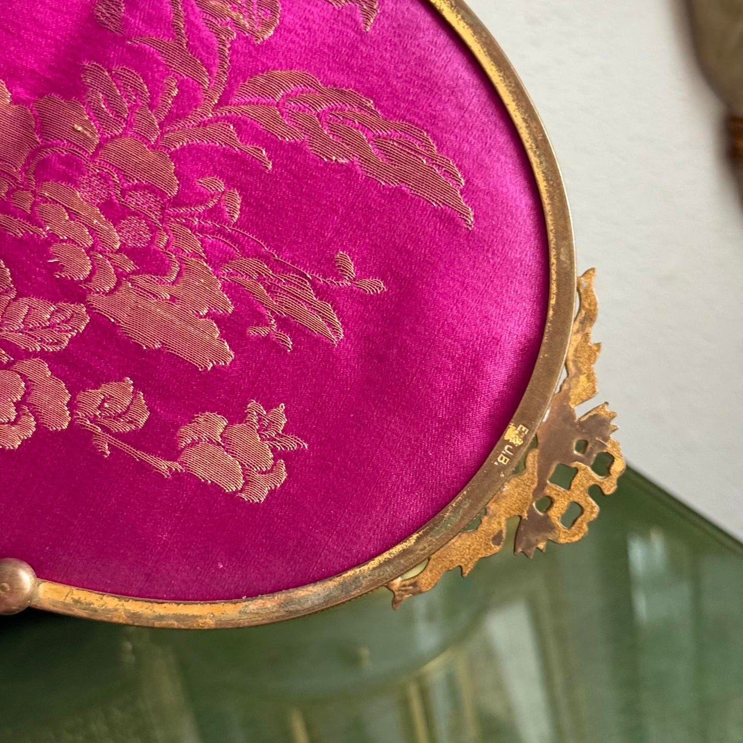 Vintage Brass Antique Royal Blue velvet & Lace Footed Oval Dresser vanity Tray