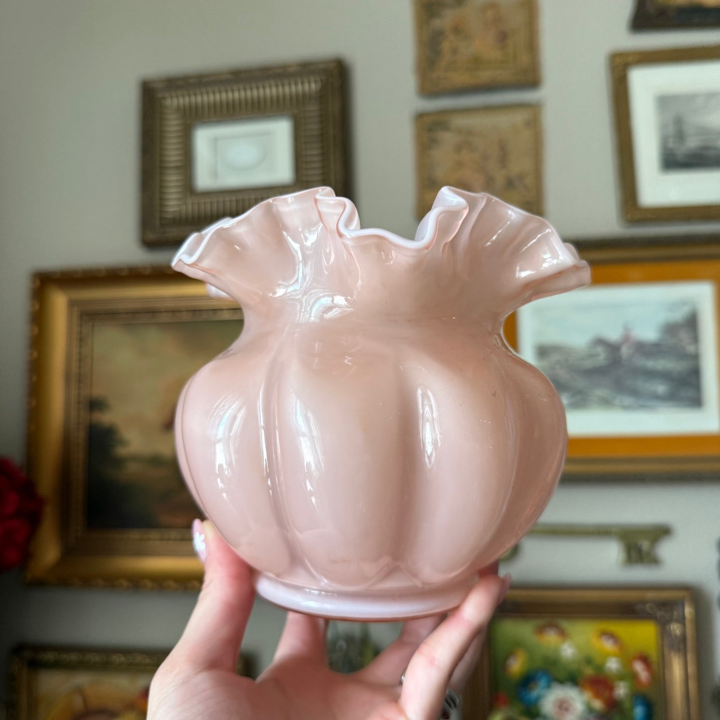 Vintage Fenton Pink Overlay Crimped Ruffled Vase