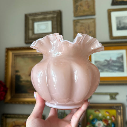 Vintage Fenton Pink Overlay Crimped Ruffled Vase