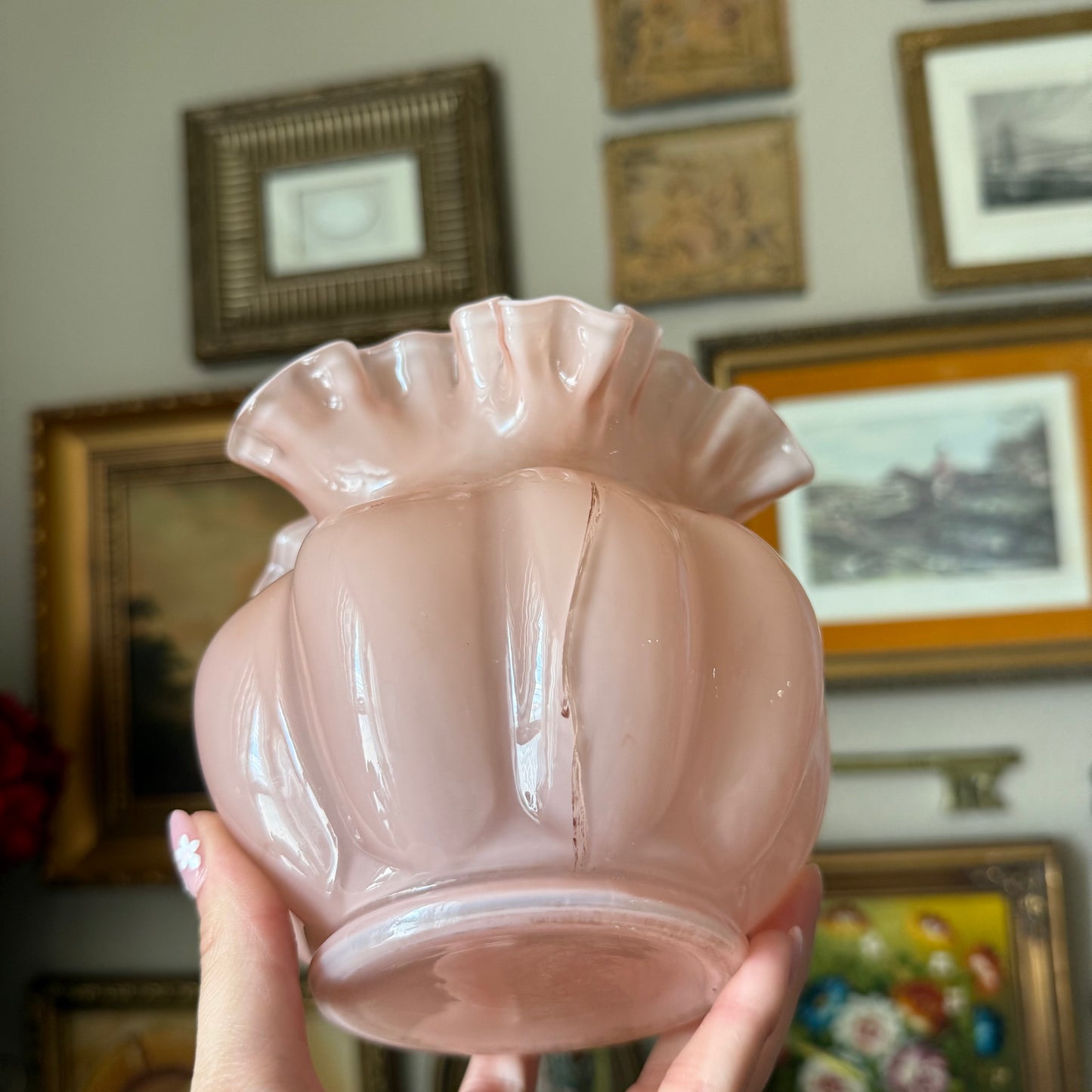 Vintage Fenton Pink Overlay Crimped Ruffled Vase
