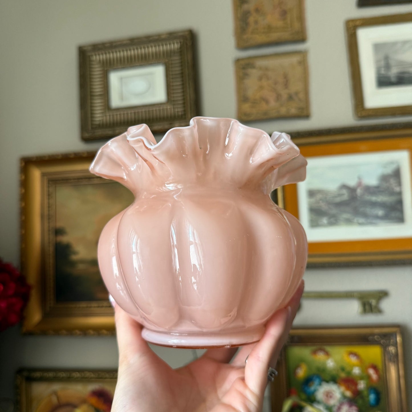 Vintage Fenton Pink Overlay Crimped Ruffled Vase