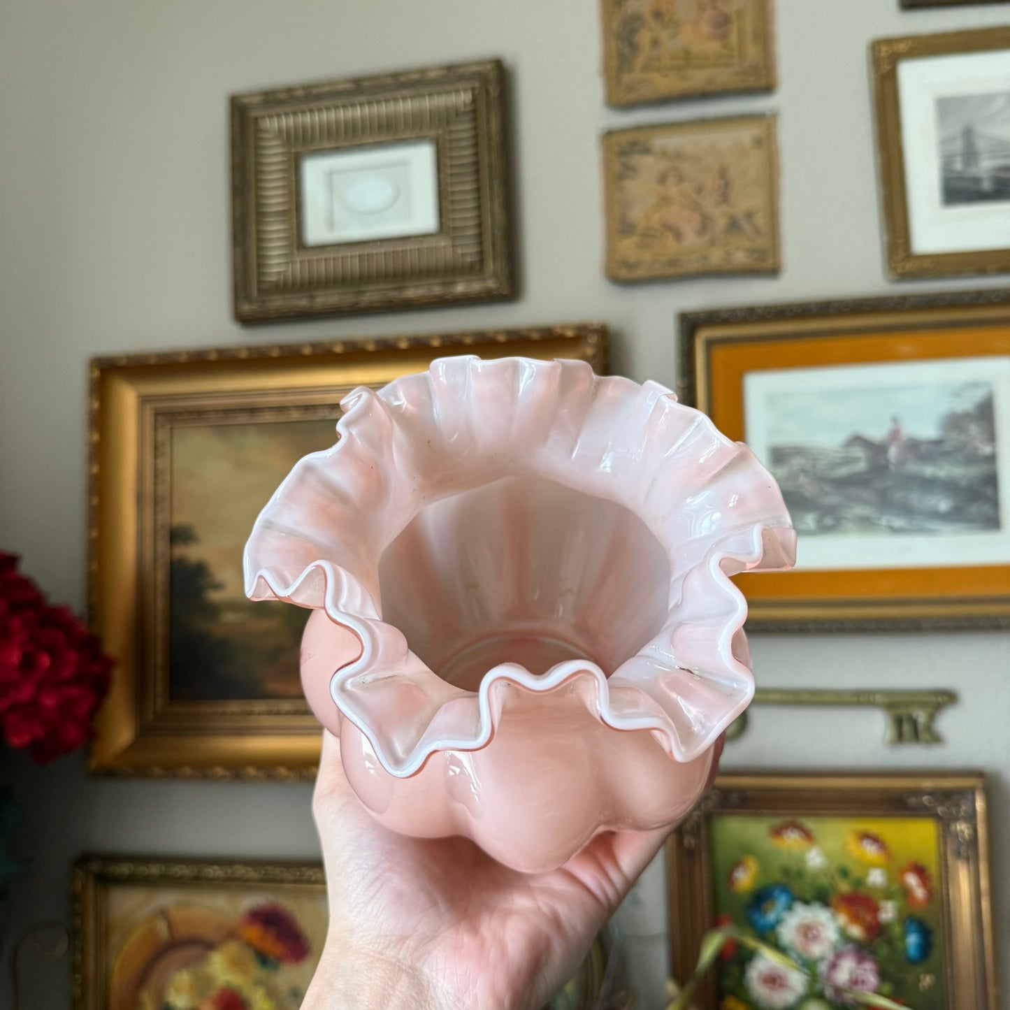 Vintage Fenton Pink Overlay Crimped Ruffled Vase
