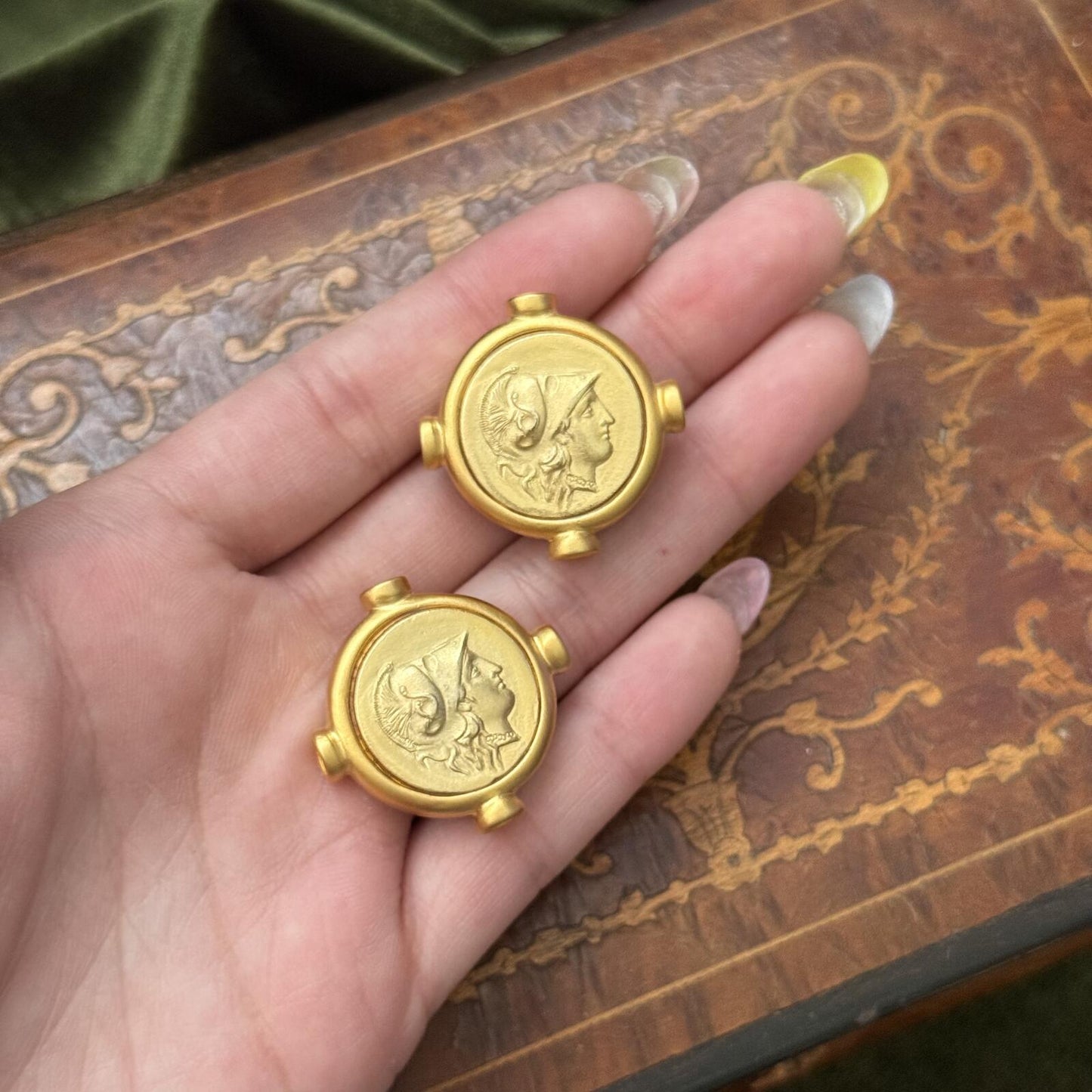 Vintage Gold tone Greek Coin Intaglio Clip on Earrings
