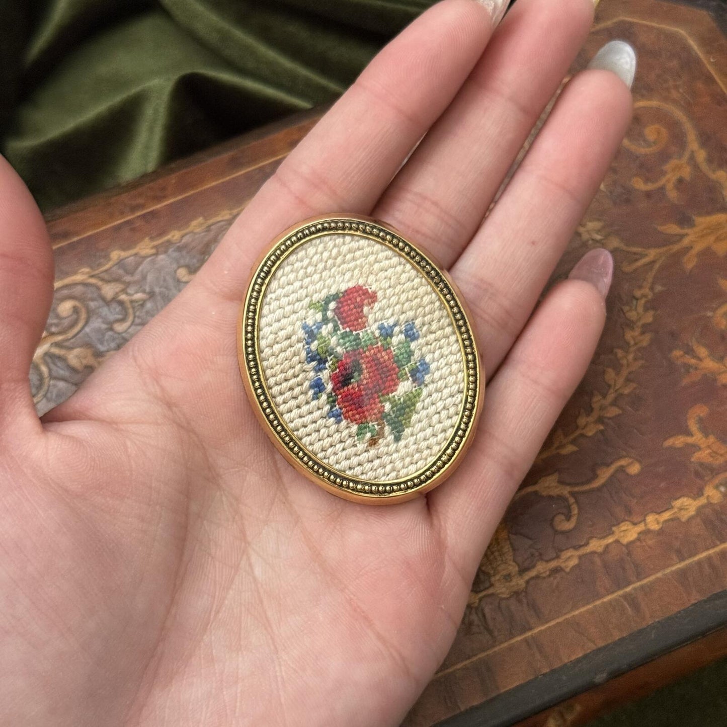 Vintage Needlepoint embroidered Flower Brooch