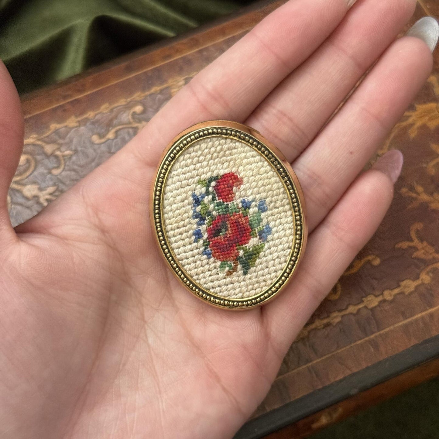 Vintage Needlepoint embroidered Flower Brooch