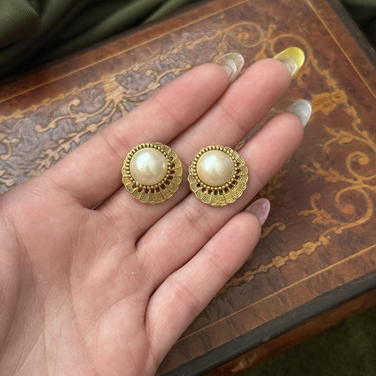 Vintage Gold tone Faux Pearl Post Earrings