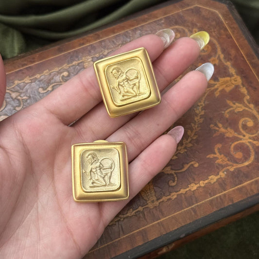 Vintage Style Gold Tone Coin like Intaglio Square Clip on Earrings