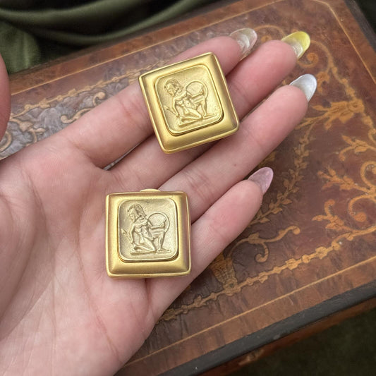 Vintage Style Gold Tone Coin like Intaglio Square Clip on Earrings