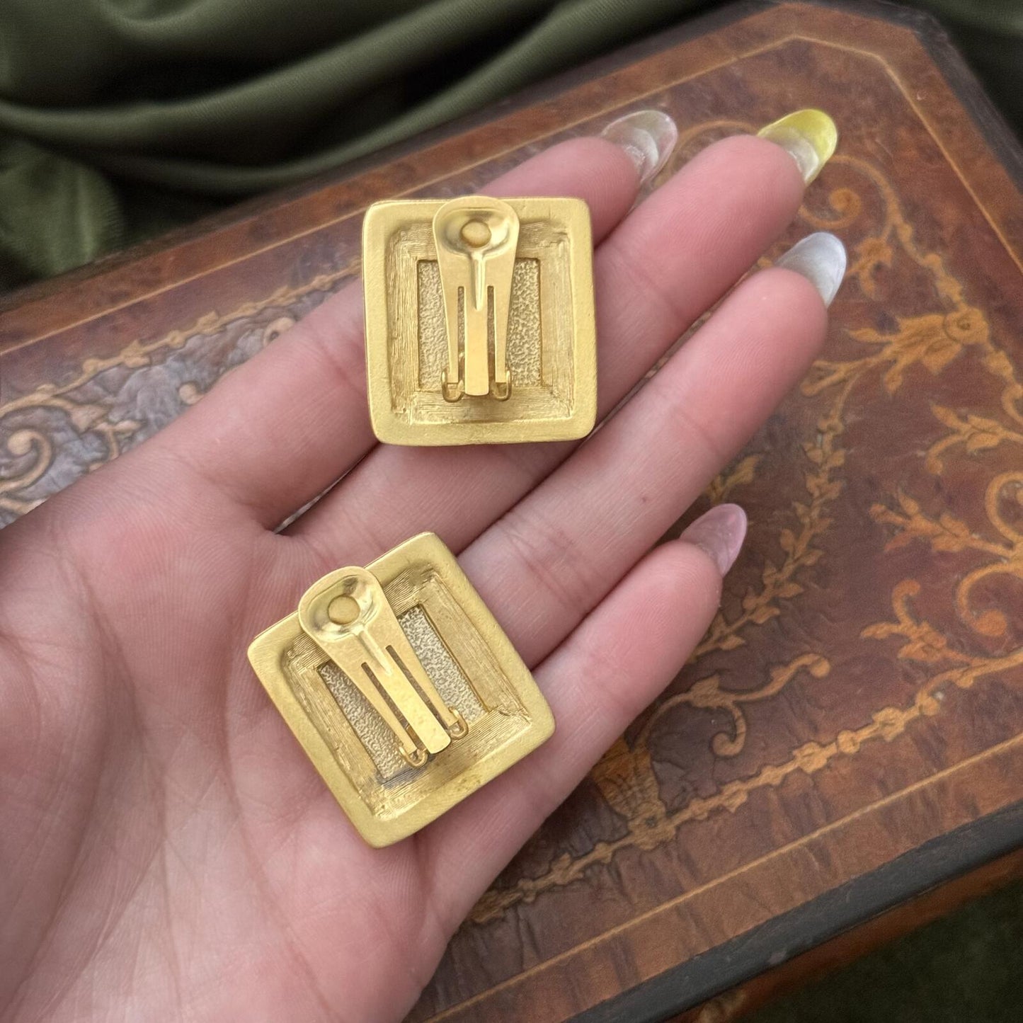 Vintage Style Gold Tone Coin like Intaglio Square Clip on Earrings