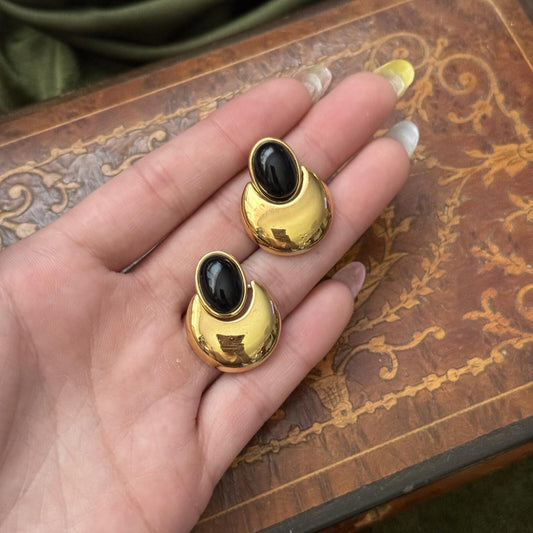 Vintage Gold tone & Black Monet Post Door Knocker Earrings