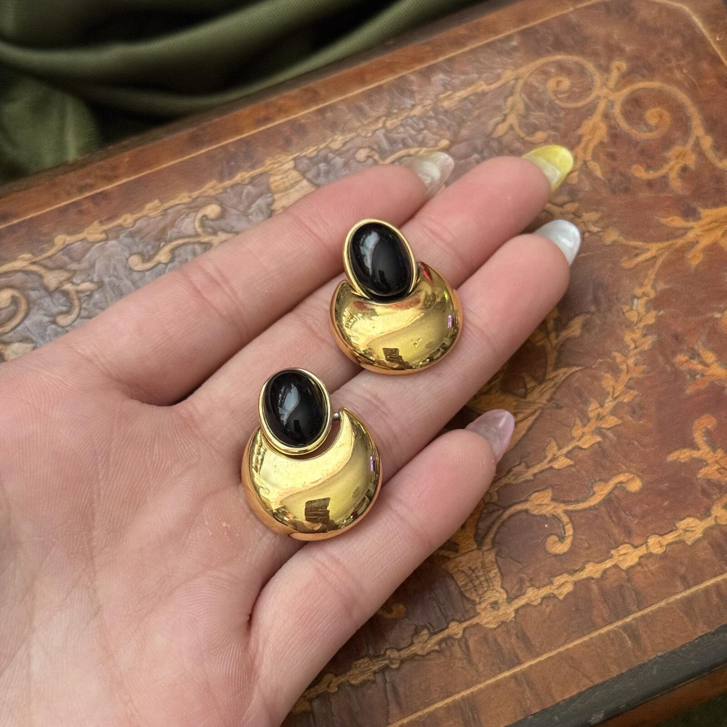 Vintage Gold tone & Black Monet Post Door Knocker Earrings