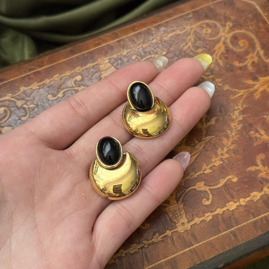 Vintage Gold tone & Black Monet Post Door Knocker Earrings