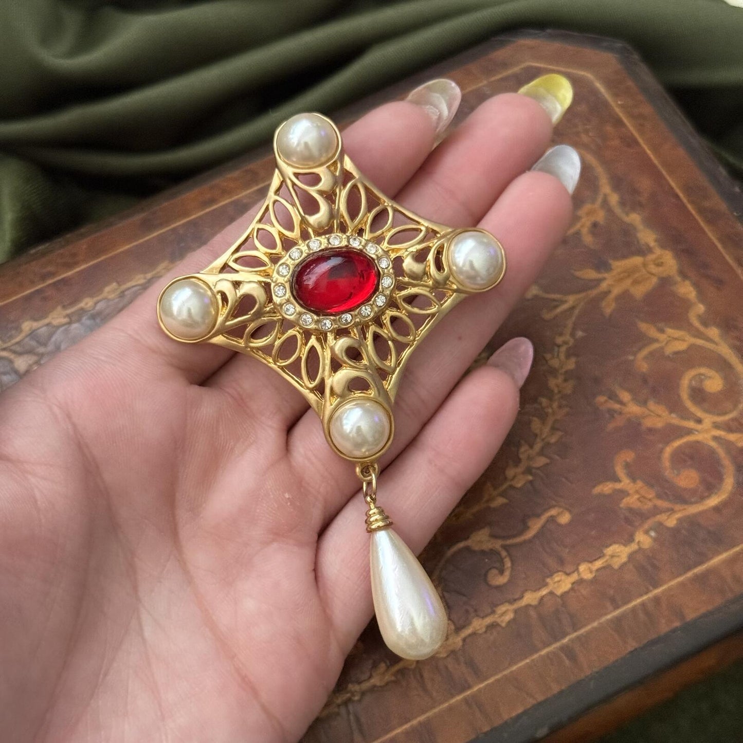 Vintage Faux Pearl and Red Stone Brooch