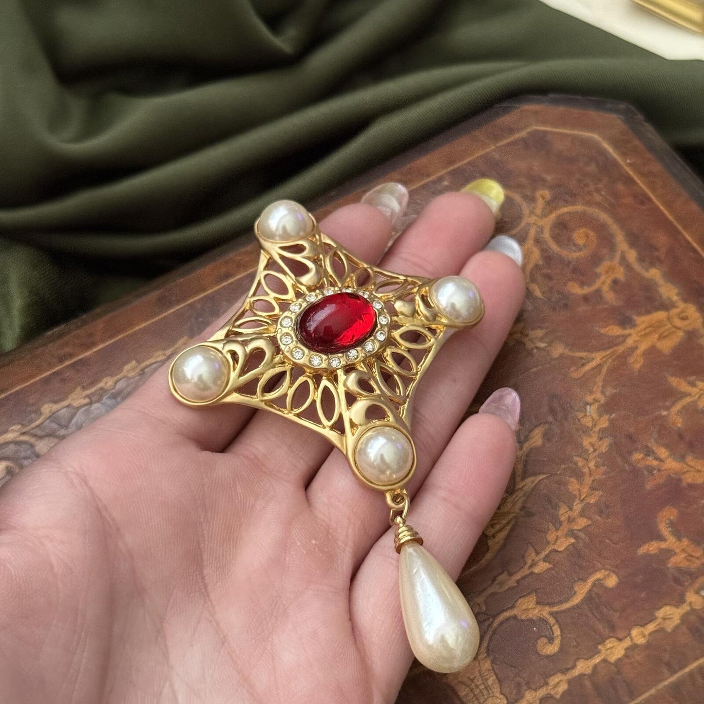 Vintage Faux Pearl and Red Stone Brooch