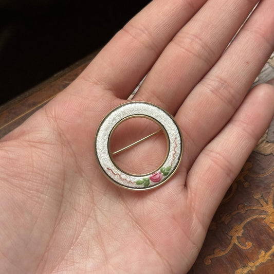 Vintage Guilloche Eamel Rose Circle Brooch