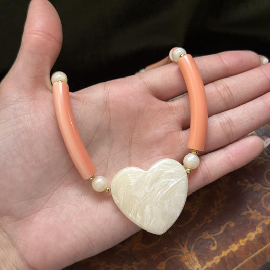 Vintage Avon Heart Peach Faux Heart Pearl Necklace