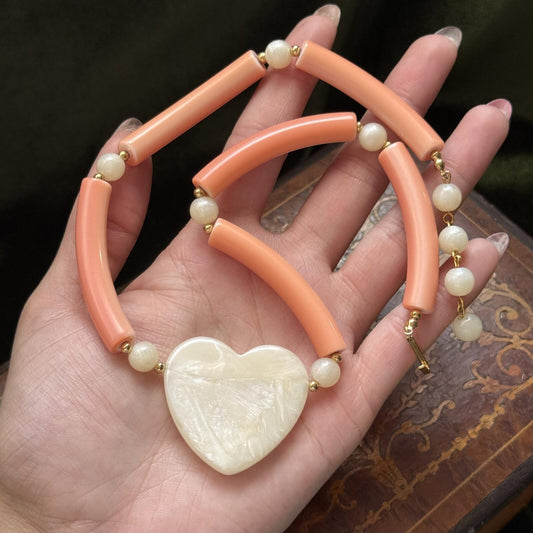 Vintage Avon Heart Peach Faux Heart Pearl Necklace